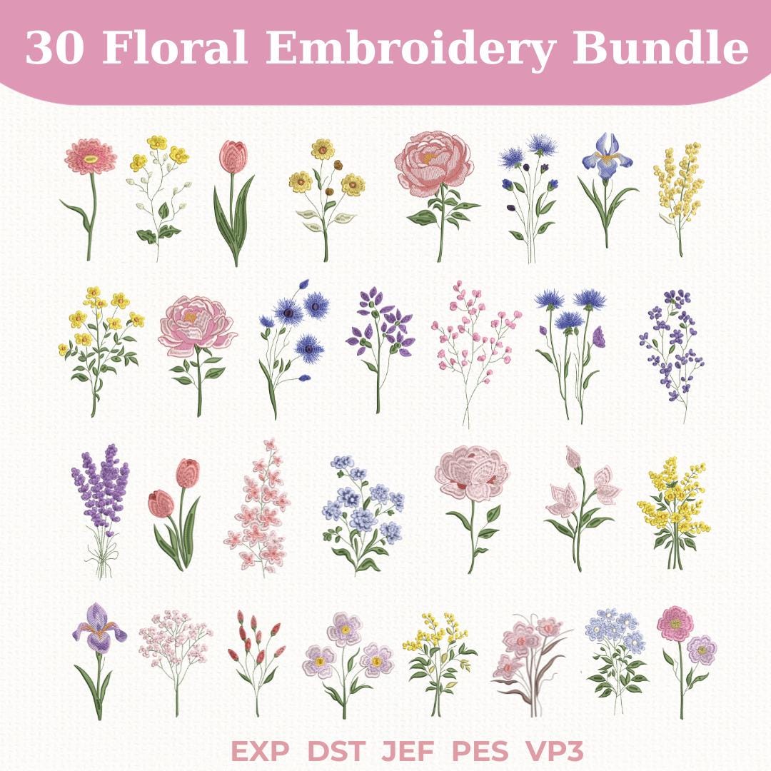 Floral Embroidery Bundle 30 Designs, Mini Flower Embroidery Set ...