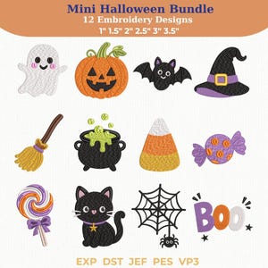 Halloween Mini Broderidesigner, 12 Små Halloween Maskinbroderifiler, Pumpa Spöke Katt Spindel Godispaket