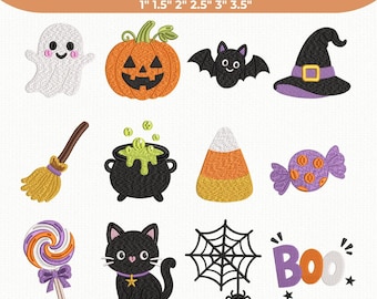 May include: A digital collection of 12 Halloween embroidery designs labeled Mini Halloween Bundle, featuring a ghost, pumpkin, bat, witch hat, broom, cauldron, candy corn, wrapped candy, lollipop, black cat, spider web, and the text Boo.