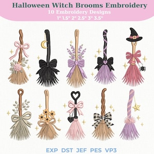 Puede incluir: Diez diseños de bordado de escobas de bruja de Halloween en tamaños de 1", 1.5", 2", 2.5", 3" y 3.5". Los patrones digitales muestran varias escobas decoradas con lazos, flores, estrellas, lunas, arañas y sombreros en tonos rosa, negro, morado y beige.