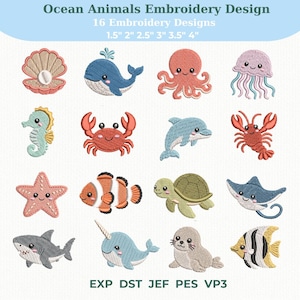 Peut inclure: Motifs de broderie Ocean Animals Embroidery Design comprenant 16 modèles en tailles 1,5" 2" 2,5" 3" 3,5" 4". La collection inclut un palourde, baleine, pieuvre, méduse, hippocampe, crabe, dauphin, homard, étoile de mer, poisson-clown, tortue, raie, requin, narval, phoque et poisson.