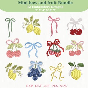 Può includere: Una collezione di 12 ricami con fiocchi e frutta. I disegni includono ciliegie, limoni, fragole e mirtilli, con dimensioni dei fiocchi da 5 cm a 18 cm. Il testo "Mini bow and fruit Bundle" è in alto.