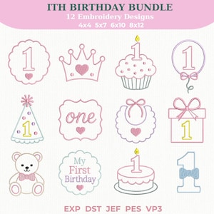 Könnte beinhalten: Eine Sammlung von 12 Stickmustern für den ersten Geburtstag, darunter eine Krone, ein Cupcake, ein Geschenk, ein Teddybär und andere festliche Bilder. Die Designs sind in Rosa, Blau und Gelb gehalten und tragen den Text "ITH BIRTHDAY BUNDLE" und "My First Birthday".