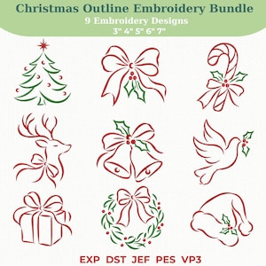 May include: A digital collection of nine Christmas outline embroidery designs featuring a tree, bow, candy cane, reindeer, bells, dove, gift, wreath, and Santa hat. The text reads Christmas Outline Embroidery Bundle, 9 Embroidery Designs, 3" 4" 5" 6" 7", EXP DST JEF PES VP3.