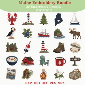 Op de afbeelding: Een digitaal borduurontwerppakket genaamd Maine Embroidery Bundle met 25 iconen, waaronder een kreeft, vuurtorens, dennenbomen, een eland, een zeilboot, een wandelschoen, een schelp, een rode mok en een fles esdoornsiroop in diverse formaten.