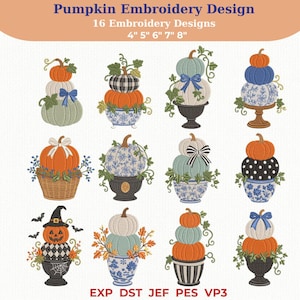 May include: A digital collection of 16 pumpkin embroidery designs featuring various stacks of pumpkins in orange, white, blue, and black patterns, accented with bows, leaves, and decorative urns. Text includes Pumpkin Embroidery Design 4" 5" 6" 7" 8".