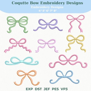 May include: A collection of ten digital embroidery designs featuring various bows in pastel colours including green, purple, pink, yellow, blue, and orange. The text reads Coquette Bow Embroidery Designs, Embroidery Designs, 4" 5" 6" 7" 8", EXP DST JEF PES VP3.