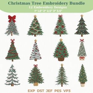 May include: A digital embroidery bundle featuring 12 distinct Christmas tree designs in various styles, including decorated evergreens with bows, stars, and ornaments. The text reads Christmas Tree Embroidery Bundle, 12 Embroidery Designs, 1" 1.5" 2" 2.5" 3" 3.5", EXP DST JEF PES VP3.