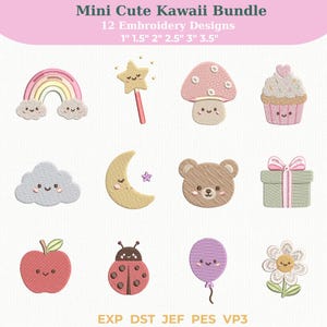 Op de afbeelding: Een verzameling van 12 mini schattige kawaii borduurontwerpen, waaronder een regenboog, sterrenstaf, paddenstoel, cupcake, wolk, maan, beer, cadeau, appel, lieveheersbeestje, ballon en bloem. Maten variëren van 2.5 cm tot 8.9 cm.