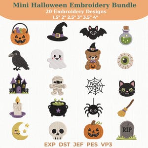 Puede incluir: Una colección digital de 20 diseños de bordado de Halloween etiquetada como Mini Halloween Embroidery Bundle. El conjunto incluye iconos de calabaza, sombrero de bruja, murciélago, poción, cuervo, fantasma, oso, globo ocular, casa, momia, telaraña, gato, vela, caldero, araña, escoba, luna, calavera, calabaza y lápida.