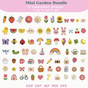 Puede incluir: Una colección de 73 diseños de bordado coloridos con temática de jardín. Los diseños incluyen flores, animales, alimentos y otros objetos relacionados con el jardín. Tamaños de 2,5 cm a 8,9 cm. El texto "Mini Garden Bundle" está en la parte superior.