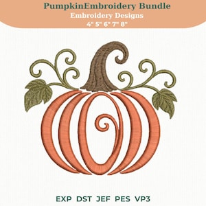Può includere: Un disegno per ricamo raffigurante una zucca arancione con gambo marrone, foglie e viticci verdi. Il testo recita PumpkinEmbroidery Bundle Embroidery Designs 4" 5" 6" 7" 8" e EXP DST JEF PES VP3. La zucca presenta una spirale centrale.