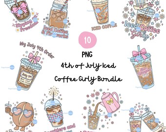 4. Juli Eiskaffee PNG Bundle, Patriotic Coquette Clipart, Rot, Weiß und Gebräu Sublimation, Sommerkaffee Girly Digitaler Download