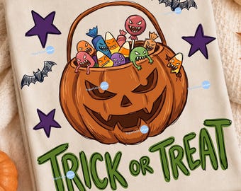 Trick Or Treat Bag PNG, Halloween Candy Design, Spooky Jack O Lantern Sublimation, Monster Corn Graphic, Digital Download Shirt File