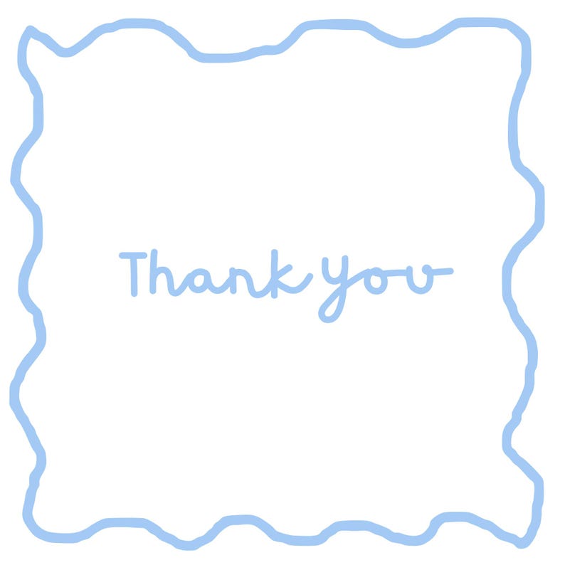 Puede incluir: Una tarjeta blanca con un borde ondulado azul claro y las palabras "Thank you" en una fuente de escritura azul claro a juego. El dise&ntilde;o es simple y elegante.