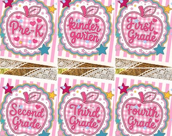 Preppy Teacher Apple PNG Bundle, Pre-K to 4th Grade Sublimation Design, Pink Gingham Back to School Bundle, Cute Teacher Shirt Download