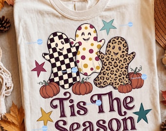 Tis The Season Ghost PNG, Pumpkin Patch Fall Shirt Design, Farmhouse Halloween Checkered Polka Dot Cute Sublimation Graphic