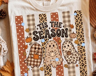Tis The Season Ghost PNG, Farmhouse Halloween Design, Pumpkin Patch Graphic, Checkered Leopard Polka Dot Fall Shirt Download