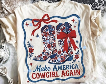 Make America Cowgirl Again PNG, Western 4th Of July Png, Patriotic Western PNG, Retro Rodeo PNG, Coquette Cowboy Boots Sublimation