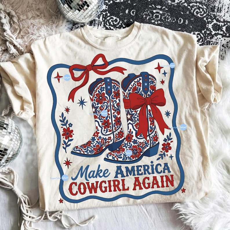 PNG de Make America Cowgirl Again, PNG del 4 de julio del Oeste, PNG del Oeste patriótico, PNG de rodeo retro, sublimación de botas vaqueras Coquette imagen 1