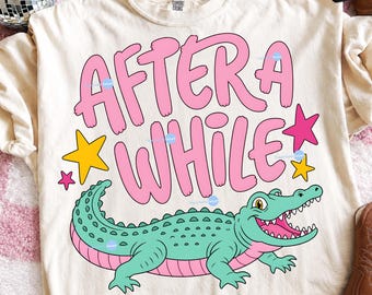 After While Crocodile PNG, Retro Alligator Sublimation File, Preppy Pink and Green Animal Design, Cute Kids Shirt Digital Download