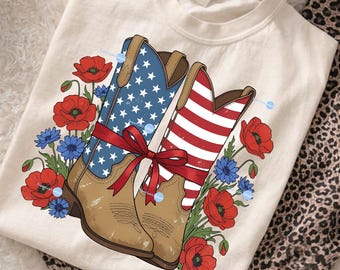Botas vaqueras patrióticas PNG para el 4 de julio, Botas PNG para el 4 de julio, Diseño de vaquera para el Día de la Independencia, Sublimación de botas florales