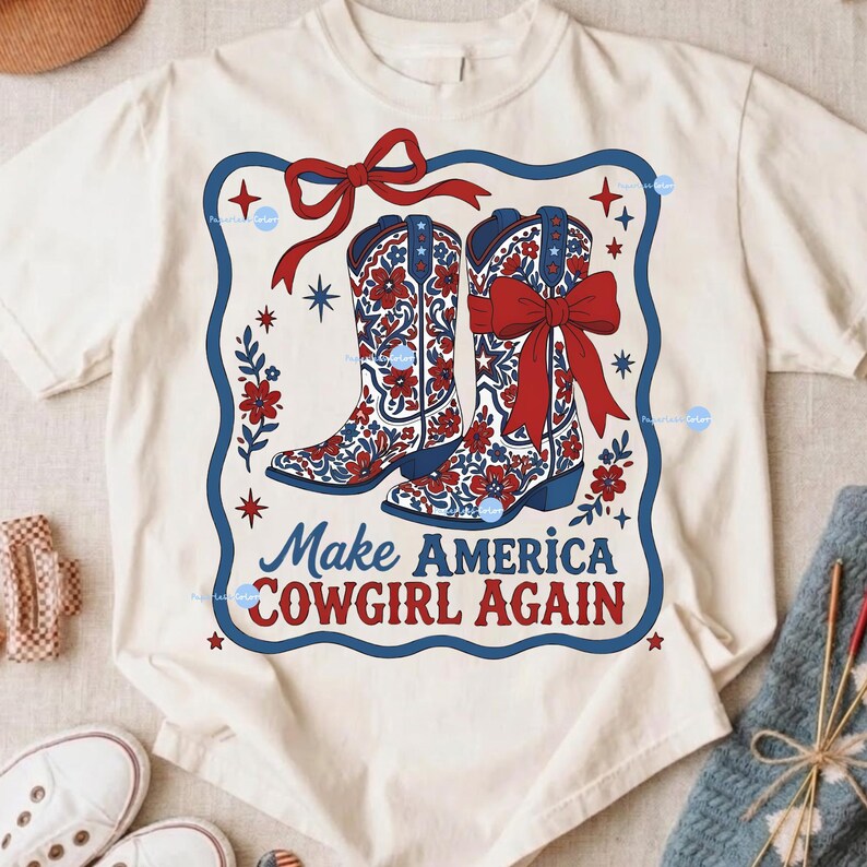 PNG de Make America Cowgirl Again, PNG del 4 de julio del Oeste, PNG del Oeste patriótico, PNG de rodeo retro, sublimación de botas vaqueras Coquette imagen 9
