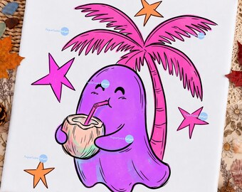 Pink Palm Tree Halloween PNG, Summer Ghost Clipart, Tropical Spooky Digital Download, Pastel Goth Sublimation Design