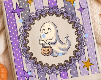 Striped Ghost PNG, Trendy Halloween Sublimation Design, Spooky Season Shirt Art, Boutique Graphic, Cute Face, Trick Or Treat Pumpkin