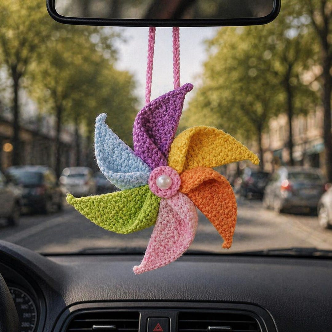 Crochet Pinwheel Car Hanging, Colorful Windmill Charm, Cute Rainbow Car ...