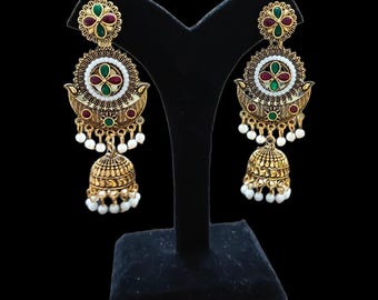 Kundan jhumka earrings gold, Indian wedding jewelry, traditional bridal set