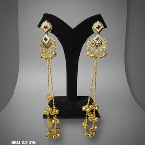 Kashmiri Jhumka Earrings for Women, Gold Plated Long Chain Dangler Earrings with Ghungroo & Stone Work, Traditional Ethnic Jewelry