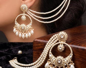 Indian Chandbali Earrings with Pearl Chain for hair Bridal Jhumar Earrings Statement Wedding Jewelry Desi Bridal Earrings Gift for Her
