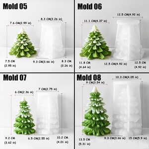May include: Four silicone molds for making Christmas tree candles. The molds are different sizes and shapes. The molds are white and the candles are green and white.
