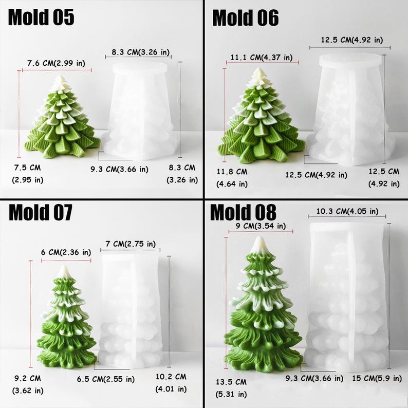 May include: Four silicone molds for making Christmas tree candles. The molds are different sizes and shapes. The molds are white and the candles are green and white.