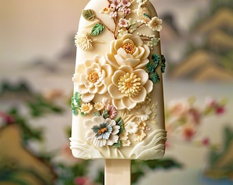 May include: A white popsicle decorated with detailed, cream-colored floral designs, including large peonies and smaller blossoms. The popsicle is on a wooden stick, with a blurred background of a floral painting.