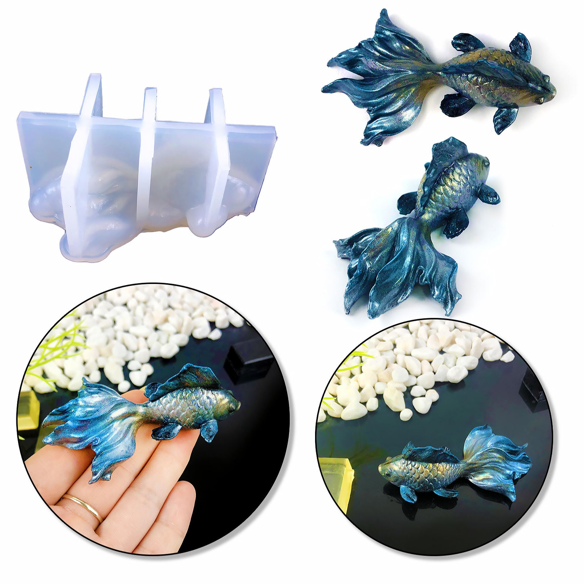 10pcs 3D Goldfish Blue Fish Leaves Grass UV Resin Stickers Clear