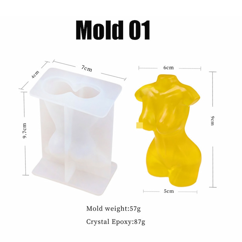 Op de afbeelding: Een witte siliconen mal voor het maken van een vrouwelijk torso-beeld. De mal is 9,7 cm hoog, 7 cm breed en 4 cm diep. De mal wordt getoond naast een geel harsbeeld van een vrouwelijk torso. Het beeld is 9 cm hoog, 6 cm breed en 5 cm diep. De tekst "Mold 01" staat bovenaan de afbeelding. De tekst "Mold weight: 57g" en "Crystal Epoxy: 87g" staat onderaan de afbeelding.