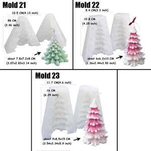 May include: Three silicone molds for making Christmas tree candles. The molds are white and show the details of the candle designs. The molds are labeled "Mold 21", "Mold 22", and "Mold 23". Each mold is shown with a finished candle, one green, one pink, and one white.