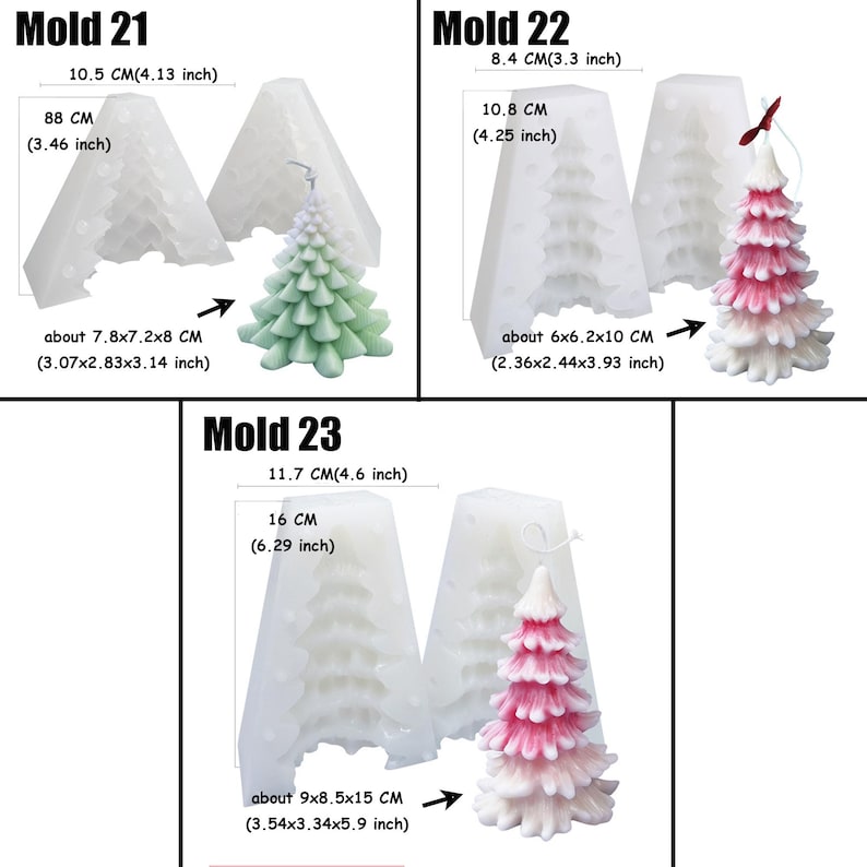 May include: Three silicone molds for making Christmas tree candles. The molds are white and show the details of the candle designs. The molds are labeled "Mold 21", "Mold 22", and "Mold 23". Each mold is shown with a finished candle, one green, one pink, and one white.