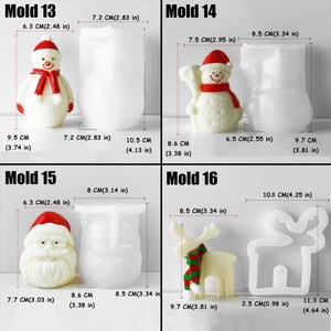 May include: Four silicone molds for making Christmas-themed decorations. The molds are labeled "Mold 13", "Mold 14", "Mold 15", and "Mold 16". Each mold features a different design: a snowman, a snowman with a stick, Santa Claus, and a reindeer. The molds are white and have measurements in centimeters and inches.