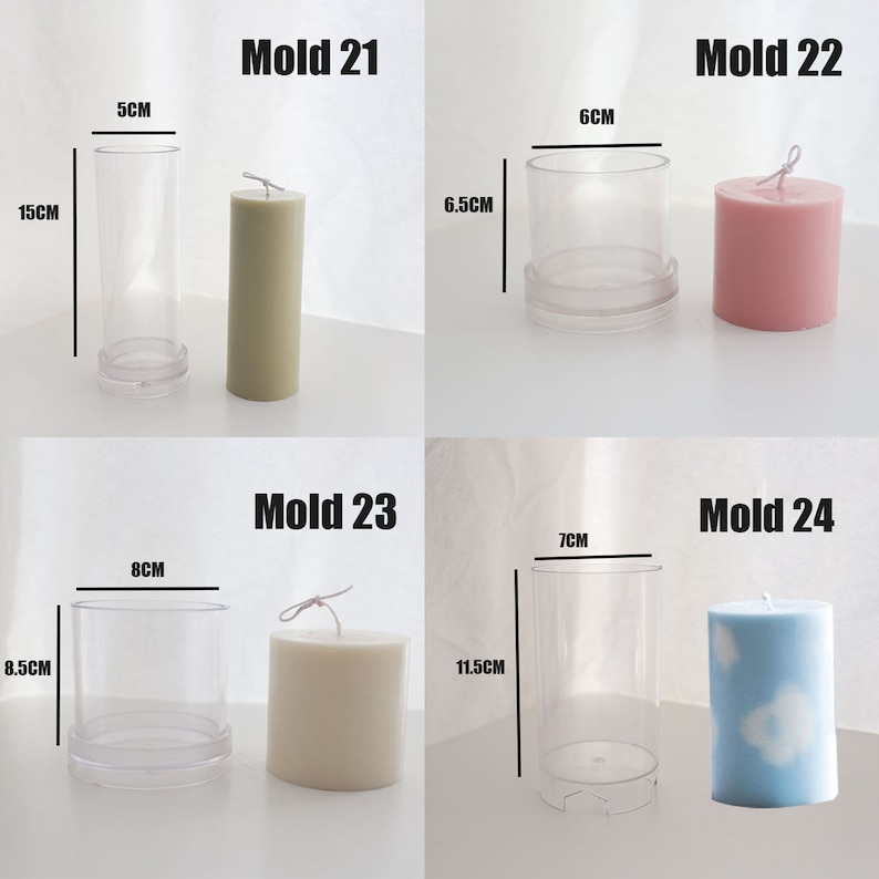 May include: Four clear plastic candle molds with finished candles inside. The molds are labeled "Mold 21", "Mold 22", "Mold 23", and "Mold 24". The candles are in various colors and sizes. The molds are 6.5 cm, 6 cm, 8 cm, and 7 cm in diameter. The candles are 15 cm, 6.5 cm, 8.5 cm, and 11.5 cm tall.