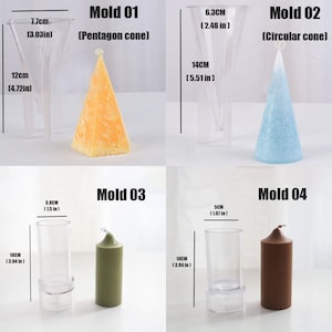 May include: Four different candle molds for making candles. The molds are made of clear plastic and are shown with finished candles. The molds include a pentagon cone, a circular cone, a cylinder, and a square cylinder. The candles are orange, blue, green, and brown.
