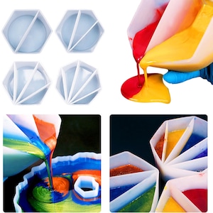Op de afbeelding: Set van zes witte siliconen mallen in de vorm van een diamant met zes punten. De mallen zijn ontworpen voor harskunst en worden getoond met gekleurd hars dat erin wordt gegoten.