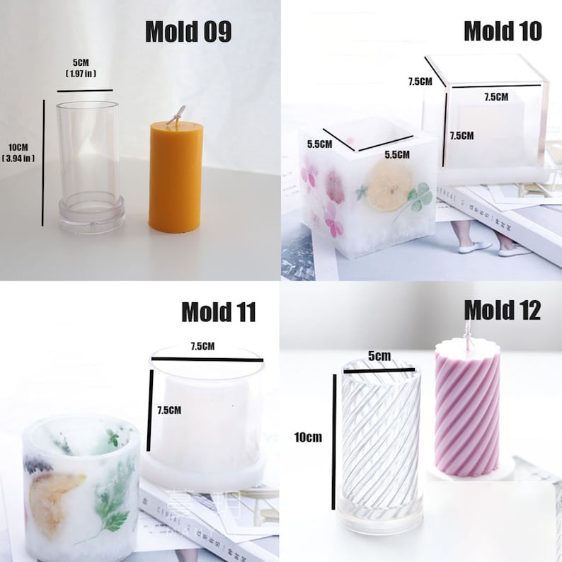 May include: Assortment of clear plastic candle molds in various shapes and sizes. The molds are labeled with numbers 09, 10, 11, and 12. The molds are shown with finished candles inside.