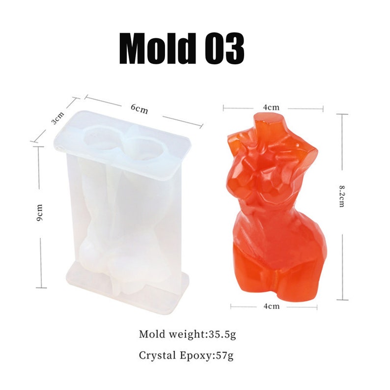 Op de afbeelding: Een transparante siliconen mal voor het maken van harsambachten. De mal is gevormd als een vrouwelijk torso en meet 9 cm hoog, 6 cm breed en 4 cm diep. De mal weegt 35,5 gram en wordt getoond naast een afgewerkt harsbeeld van een vrouwelijk torso, dat 8,2 cm hoog en 4 cm breed is. Het harsbeeld is oranje.