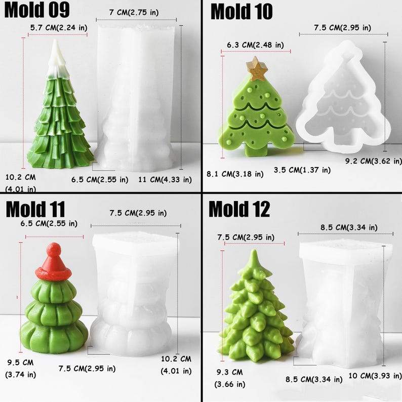 May include: Four silicone molds for making Christmas tree-shaped candles. The molds are white and measure 7.5 inches by 10 inches. The molds are labeled "Mold 09", "Mold 10", "Mold 11", and "Mold 12".