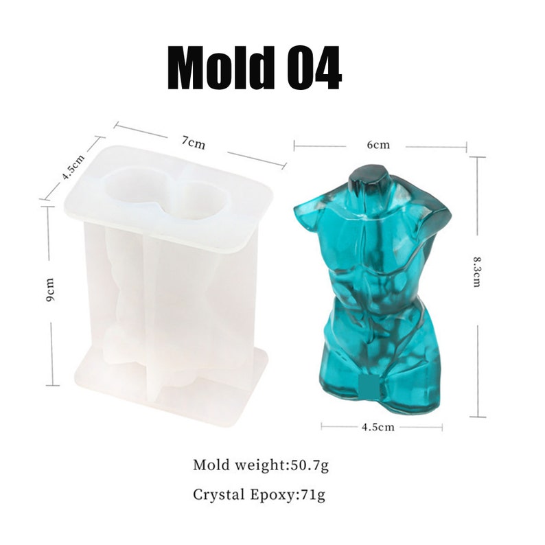 Op de afbeelding: Een transparante siliconen mal voor het maken van een hars sculptuur van een mannelijke torso. De mal is 9 cm hoog, 7 cm breed en 4,5 cm diep. Het afgewerkte beeldhouwwerk is 8,3 cm hoog, 6 cm breed en 4,5 cm diep. Gewicht van de mal: 50,7 g. Kristal epoxy: 71 g.