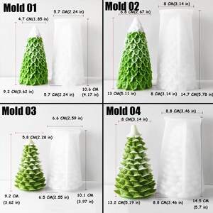 May include: Four different silicone molds for making Christmas tree candles. The molds are white and show the finished candle shape. The molds are labeled "Mold 01", "Mold 02", "Mold 03", and "Mold 04". Each mold has measurements in inches and centimeters.