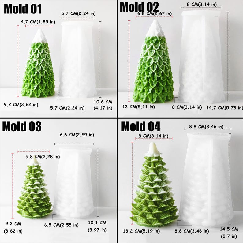 May include: Four different silicone molds for making Christmas tree candles. The molds are white and show the finished candle shape. The molds are labeled "Mold 01", "Mold 02", "Mold 03", and "Mold 04". Each mold has measurements in inches and centimeters.